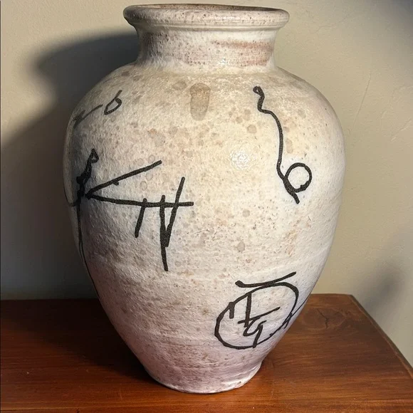 VTG Large MCM Abstract Graphic Art Hieroglyphics Earthenware Vase Centerpiece